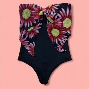 Vintage 90s Touch Me black and red daisy print one piece strapless bodysuit smal